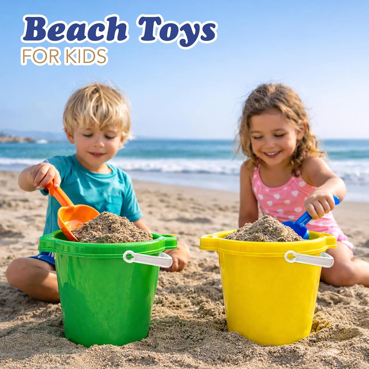 4E's Novelty 6 Pack Beach Buckets with Shovels – 7.5" Sand Pails & Shovels for Kids' Outdoor Play