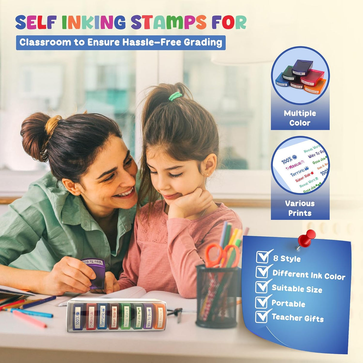 4E's Novelty Teacher Stamps for Classroom Grading, 8 Pcs Teacher Stamp