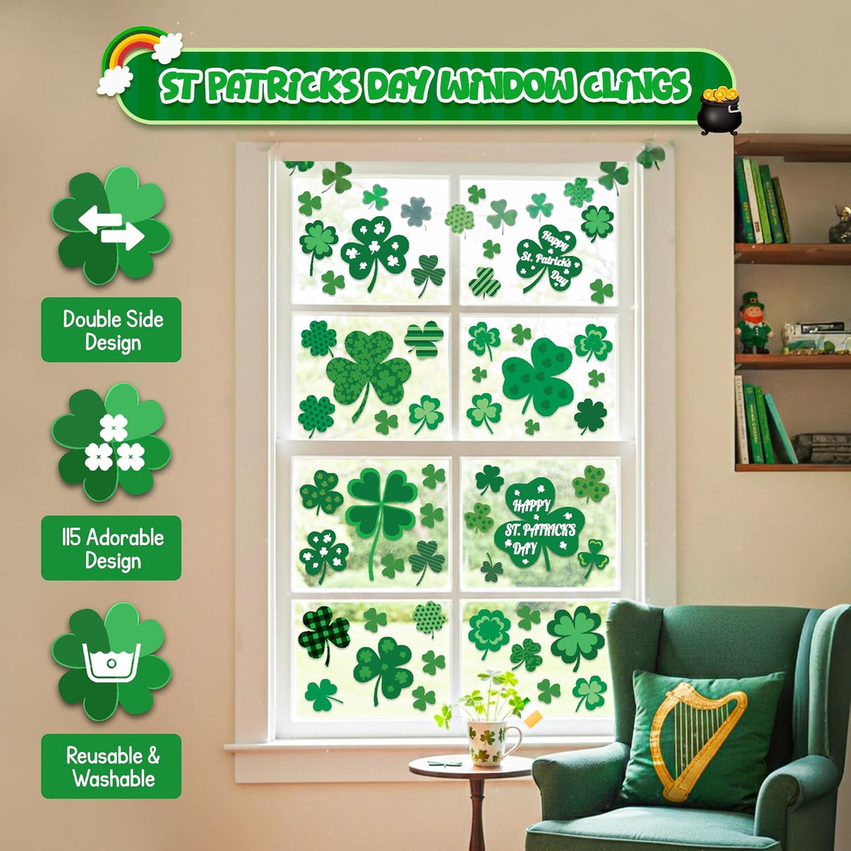 4E's Novelty 115 Pcs St Patricks Day Window Clings (9 Sheets)