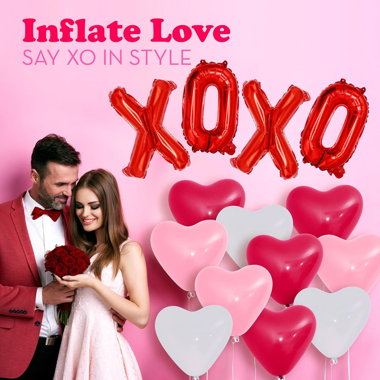 4E's Novelty 16” XOXO Balloons – Red Foil Valentine Party Balloons with Ribbon & Straw Included