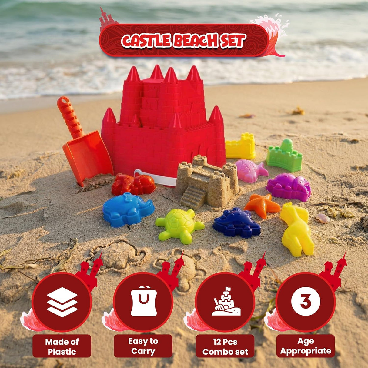 4E's Novelty 13 Beach Sand Toys for Kids – Sand Castle Bucket with Shovel & Large Molds, Includes Mesh Beach Bag for Toddlers, Perfect for Kids 3-10
