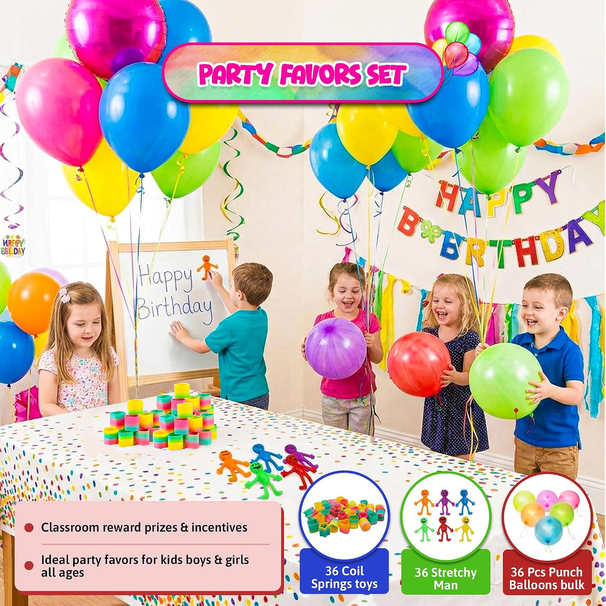 4E’s Novelty 108 Pcs Party Favors for Kids 8-12 – Punch Balloons, Coil Springs, Stretchy Men, Bulk Set