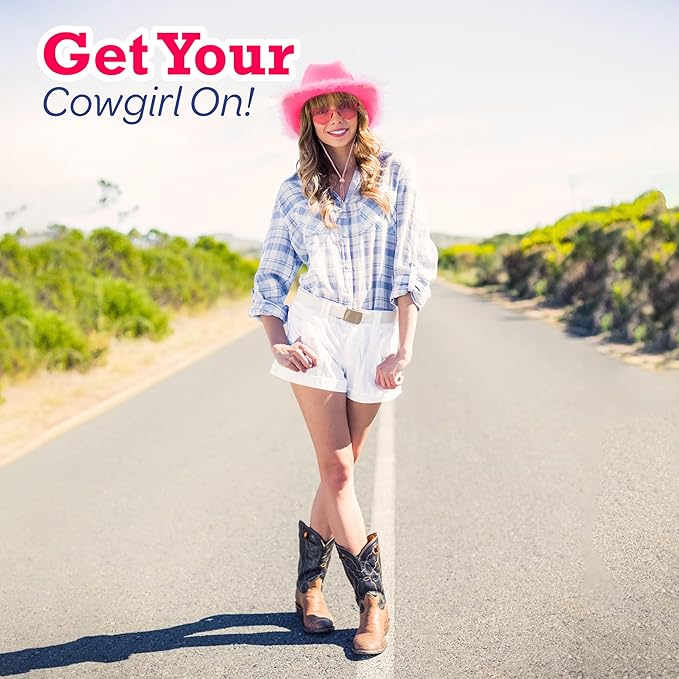 4E's Novelty Pink Cowgirl Hat with Feathers & Heart Sunglasses for Women