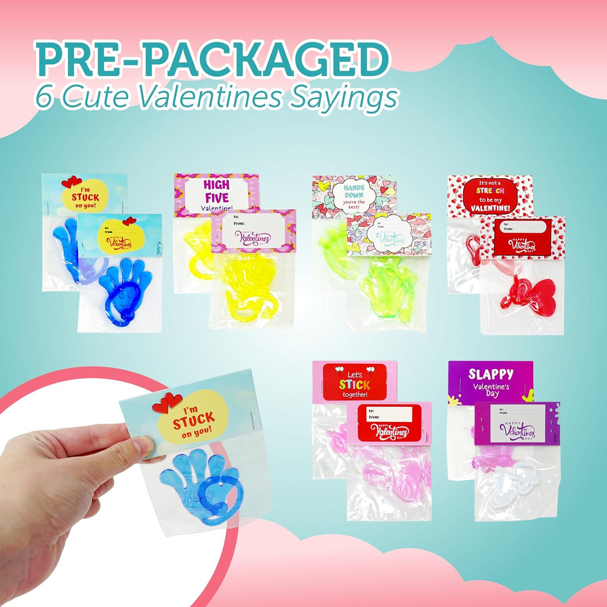 4E's Novelty 32-Pack Slappy Hands with Valentine Cards – Stretchy Toys for Classroom Fun