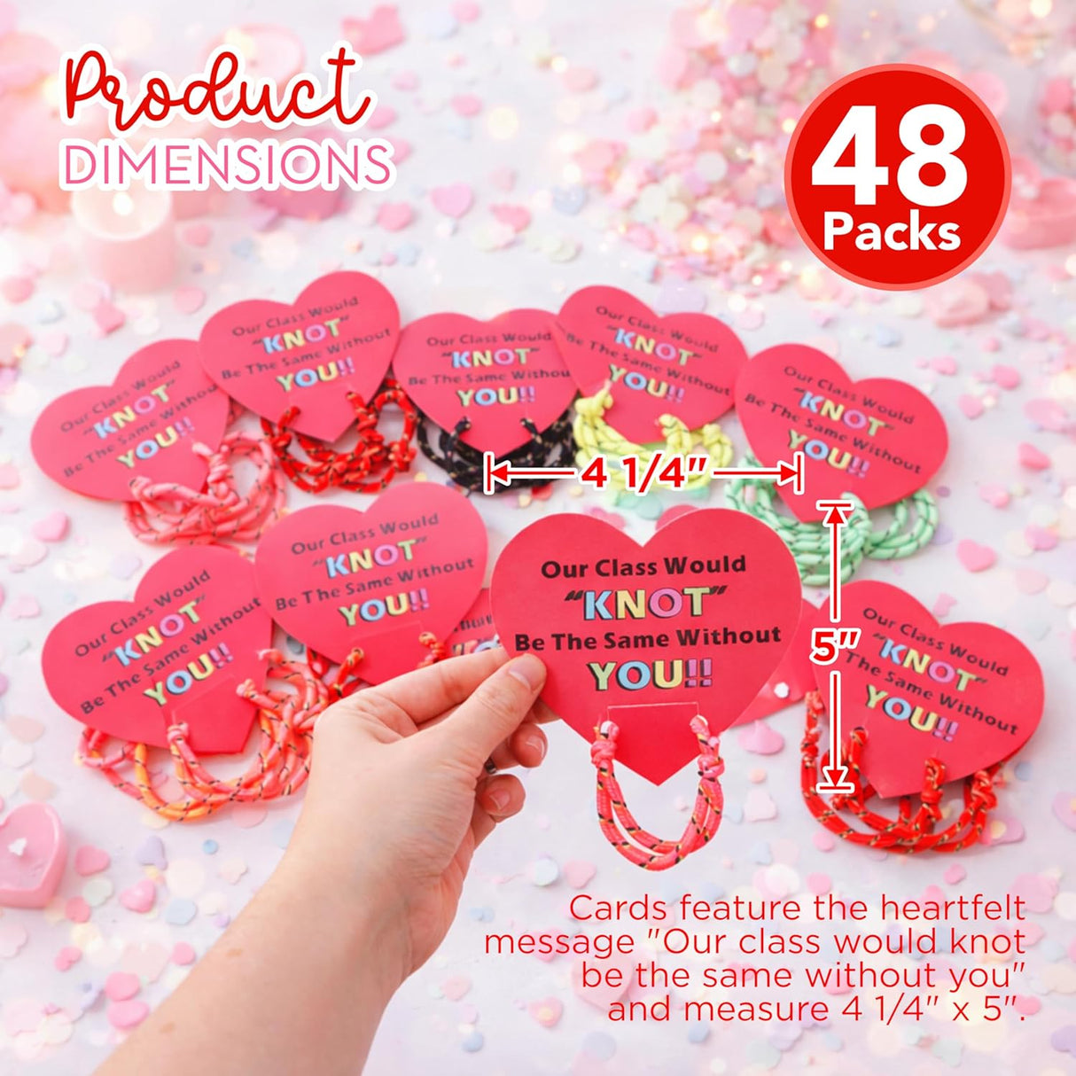 4E's Novelty 48-Pack Friendship Bracelets with Valentine Cards – Classroom Party Favors for Kids
