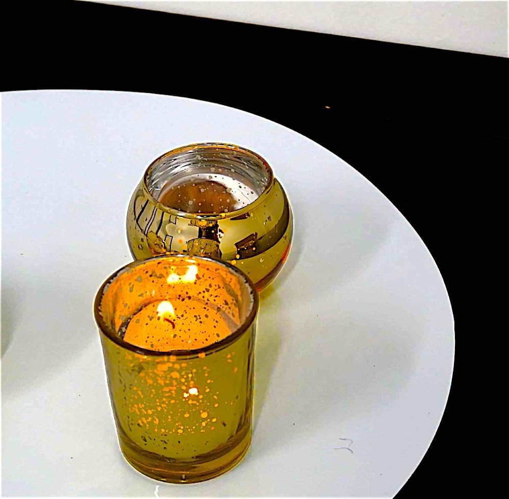 4E's Novelty 24-Piece Gold Mercury Glass Votive Candle Holders – Elegant Centerpieces for Weddings, Parties & Home Décor