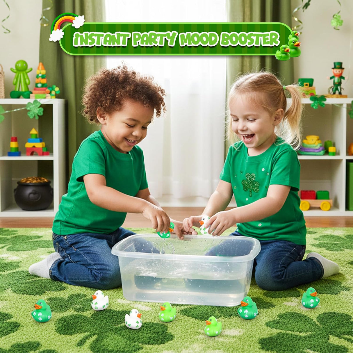 4E's Novelty 24 Pcs St. Patrick's Day Rubber Ducks – Shamrock Duckies Bulk Party Favors for Kids