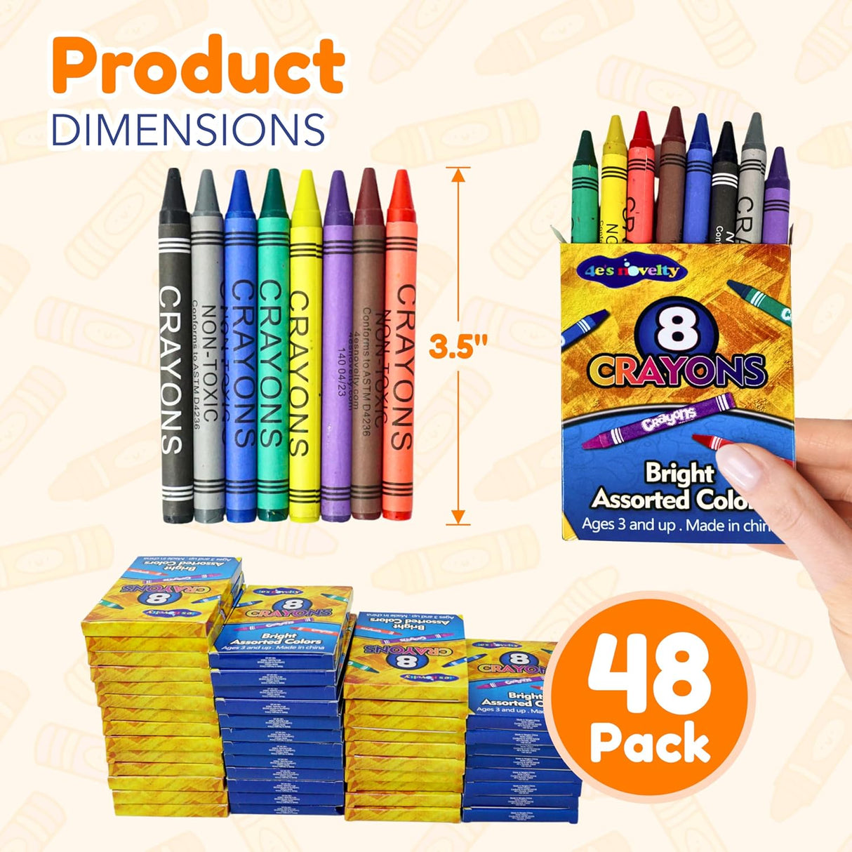 4E's Novelty 48 Boxes of 8-Pack Crayons - Bulk, Non-Toxic