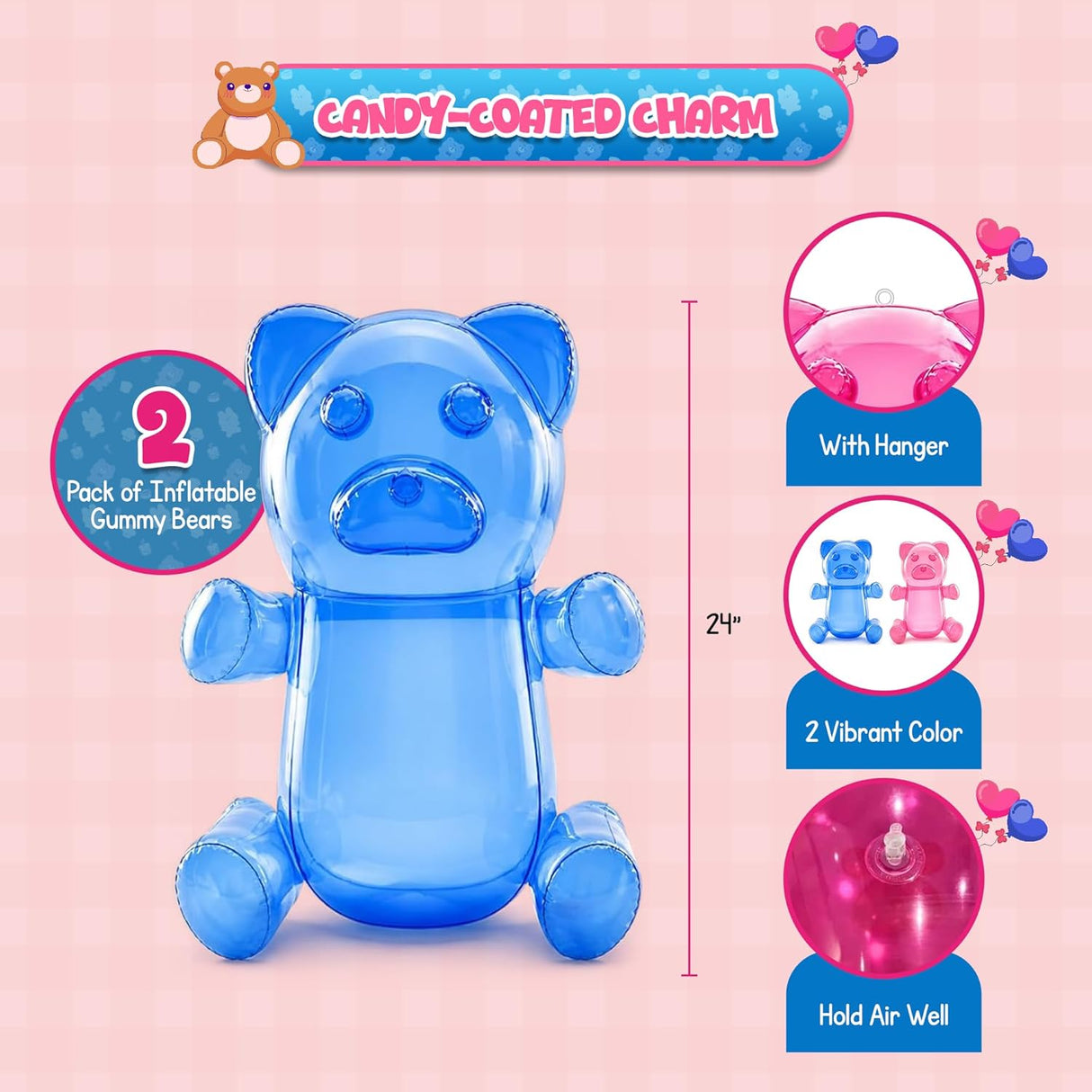 2 Inflatable 24" Gummy Bears - Candyland Party Decorations, Birthday Pool Floaties
