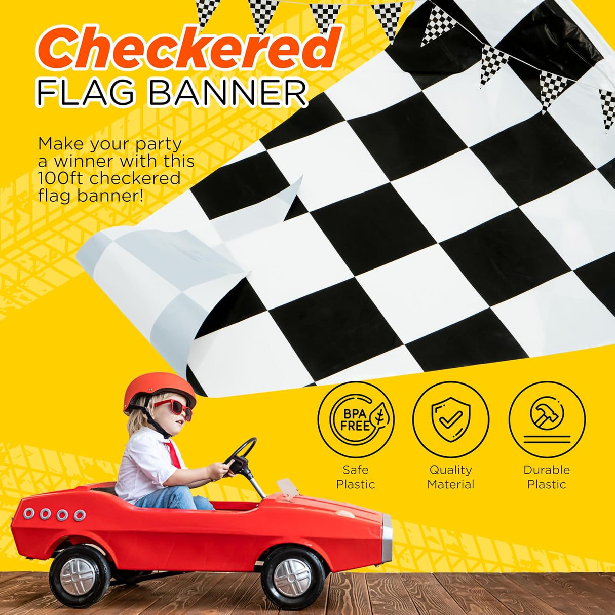 4E’s Novelty 100 Ft Checkered Flag Banner Racing Party Decorations with 48 Large Pennants for Birthdays