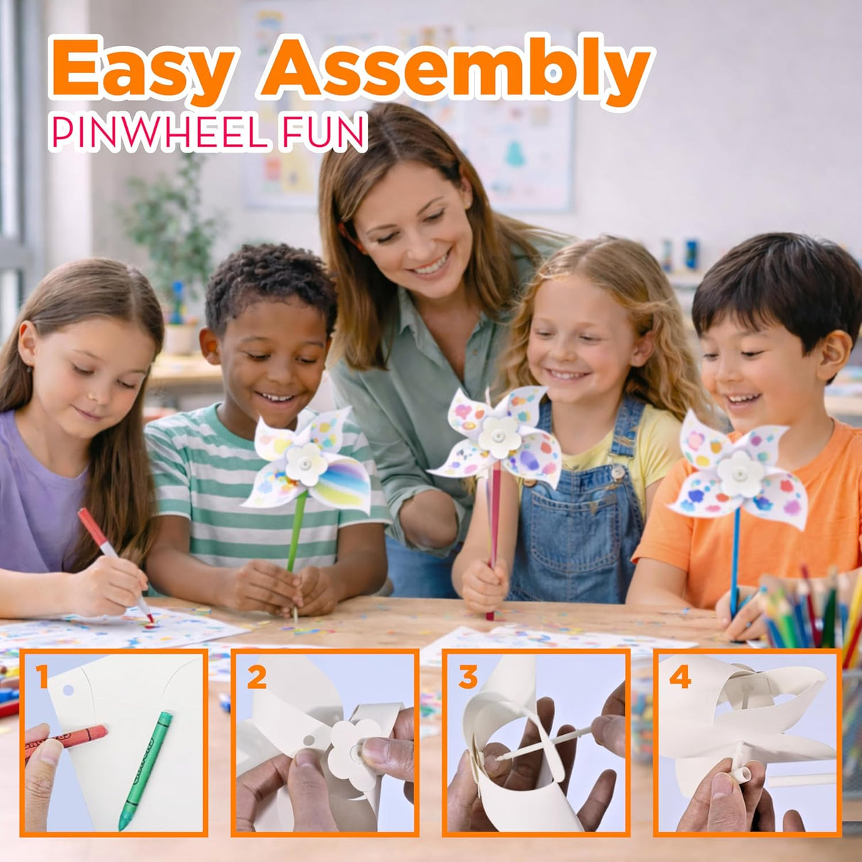 4E's Novelty 24 Pack DIY Pinwheels Craft for Kids, Bulk Summer Pinwheel