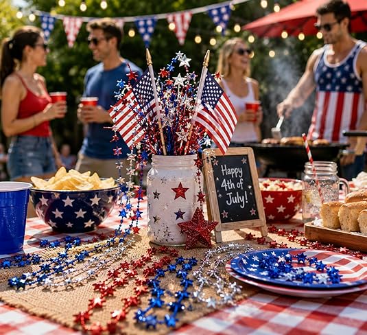4E's Novelty 72 Pack Beaded Necklace – Red White Blue 4th of July Accessories