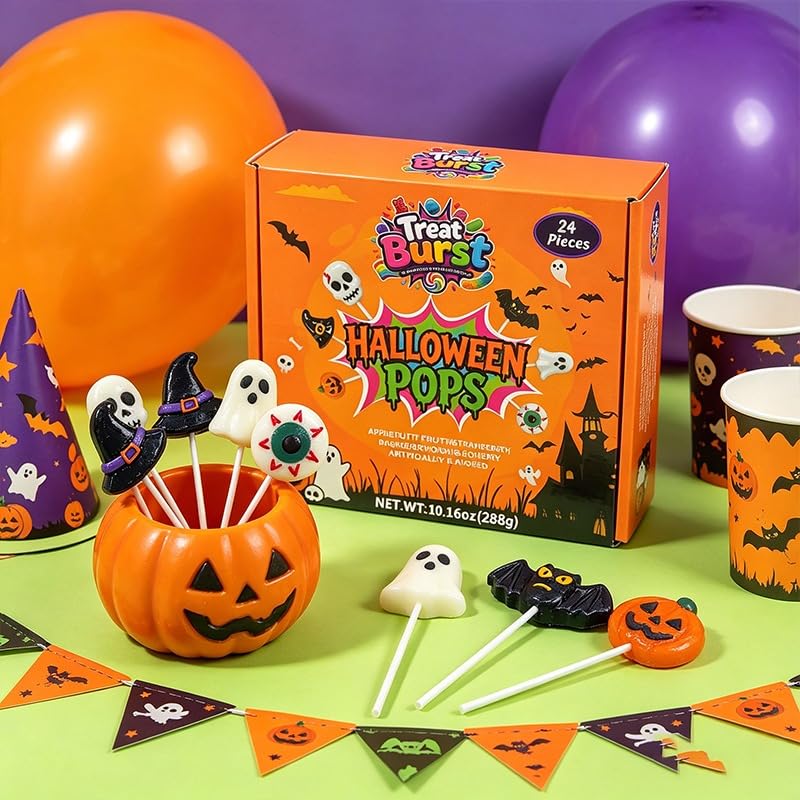 Treat Burst Halloween Lollipops 24 Pack – Dye-Free Fruity Candy