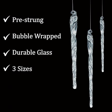 4E's Novelty Large Glass Icicle Ornaments for Christmas Tree 7", 5.5", 3.5" (Set of 24) - Clear Glass Christmas Tree Ornaments for Christmas Decor