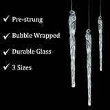 4E's Novelty Large Glass Icicle Ornaments for Christmas Tree 7", 5.5", 3.5" (Set of 24) - Clear Glass Christmas Tree Ornaments for Christmas Decor