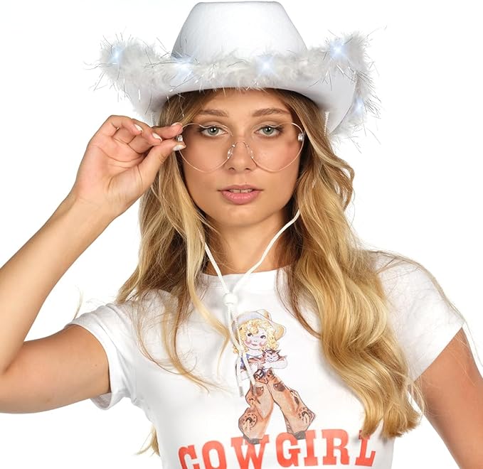 4E's Novelty Felt Cowgirl Hat w/ Heart Glasses – Western Party Accessory for Adults