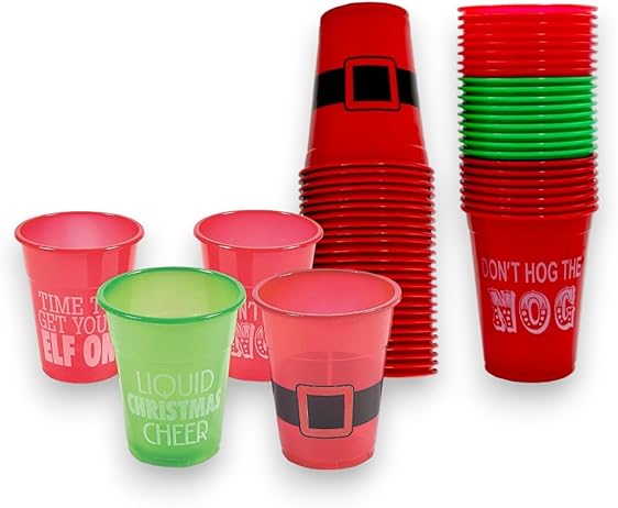 4E's Novelty 16 oz Christmas Cups for Party - 50 Pack Christmas Party Disposable Plastic Cups with Santa & Humorous Quotes Bulk & Holiday Cups