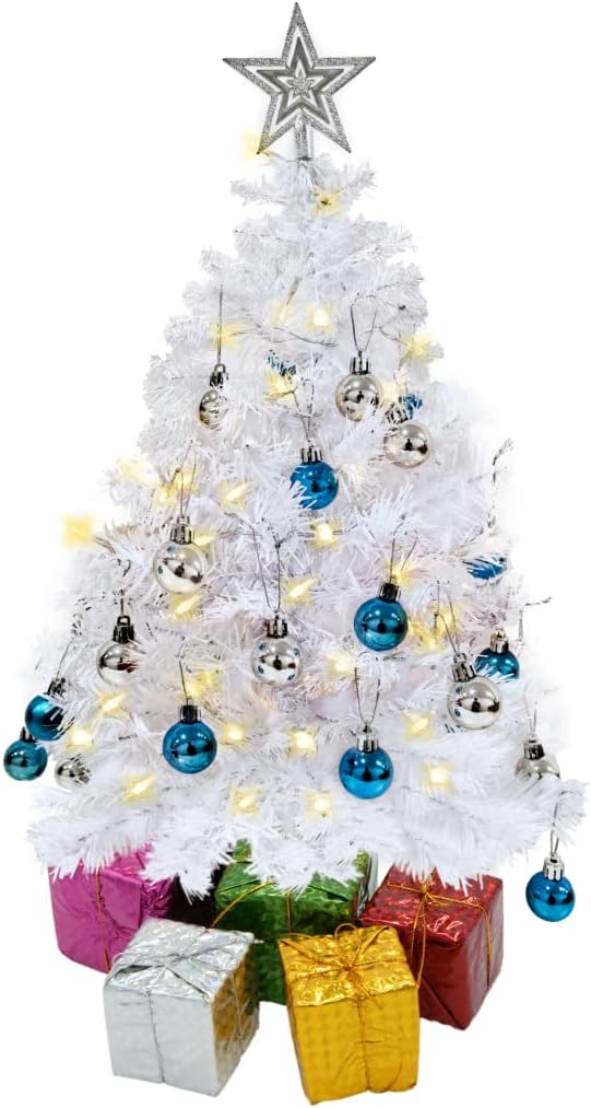 4E's Novelty 23" Pre-Lit White Christmas Tree with Star Topper – Mini Tabletop Tree with Ornaments & Lights