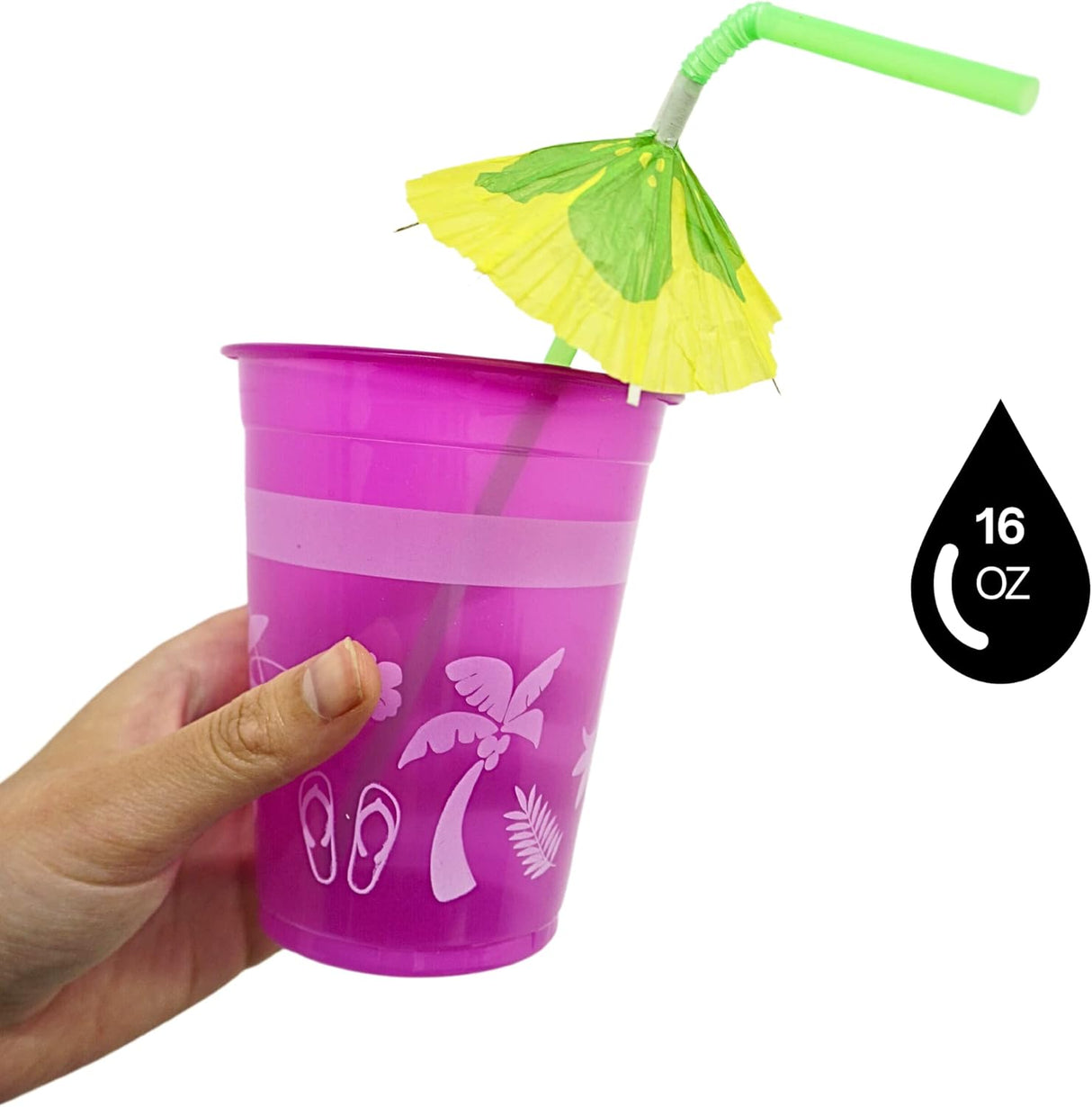 4E's Novelty 48-Pack Tropical Party Cups with Parasol Straws – Vibrant Hawaiian Luau Drinkware Set