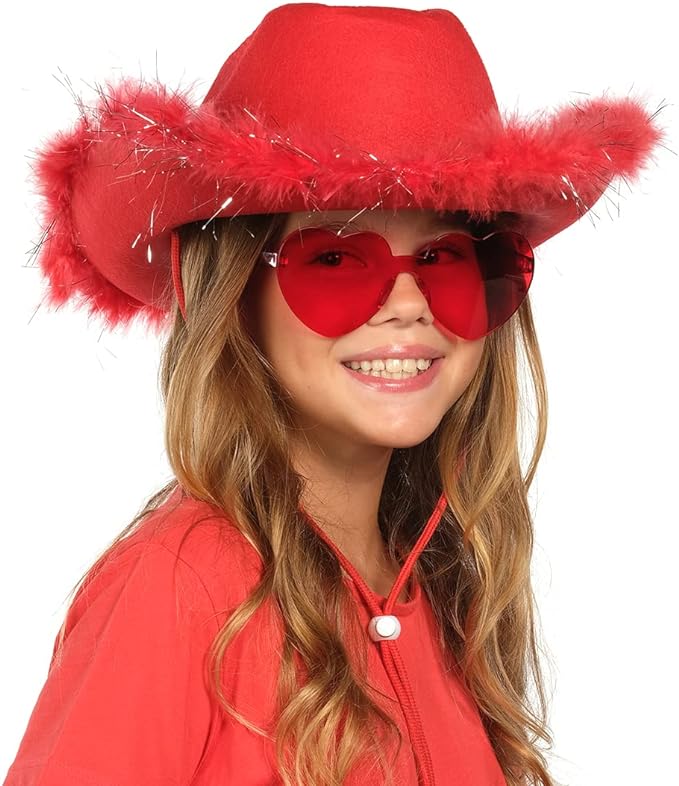 Cowgirl Hat with Feathers & Heart Sunglasses - Felt, Women's Costume