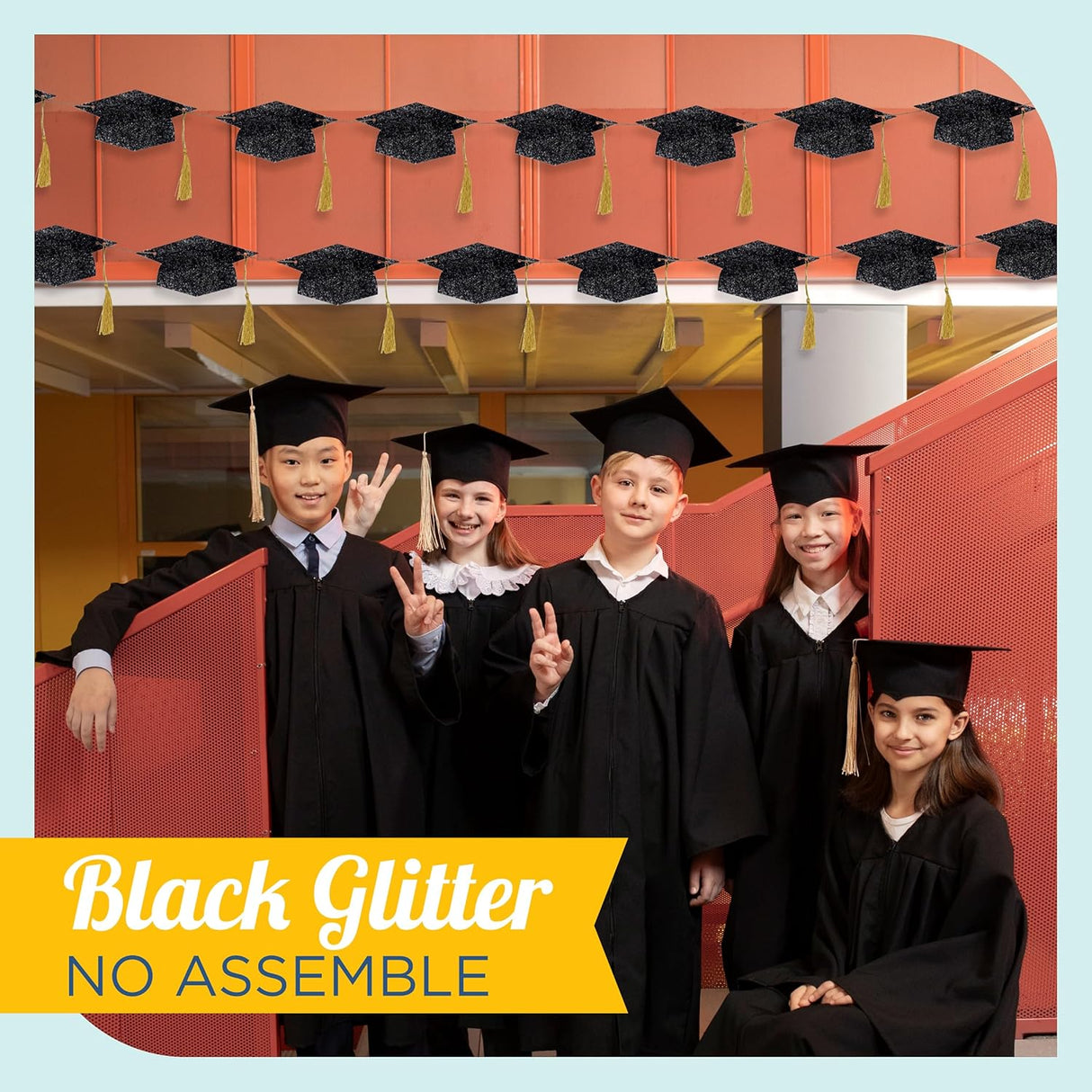 4E's Novelty Black Glitter Graduation Cap Banner 2026 Grad Garland Party Decoration 9.8 ft