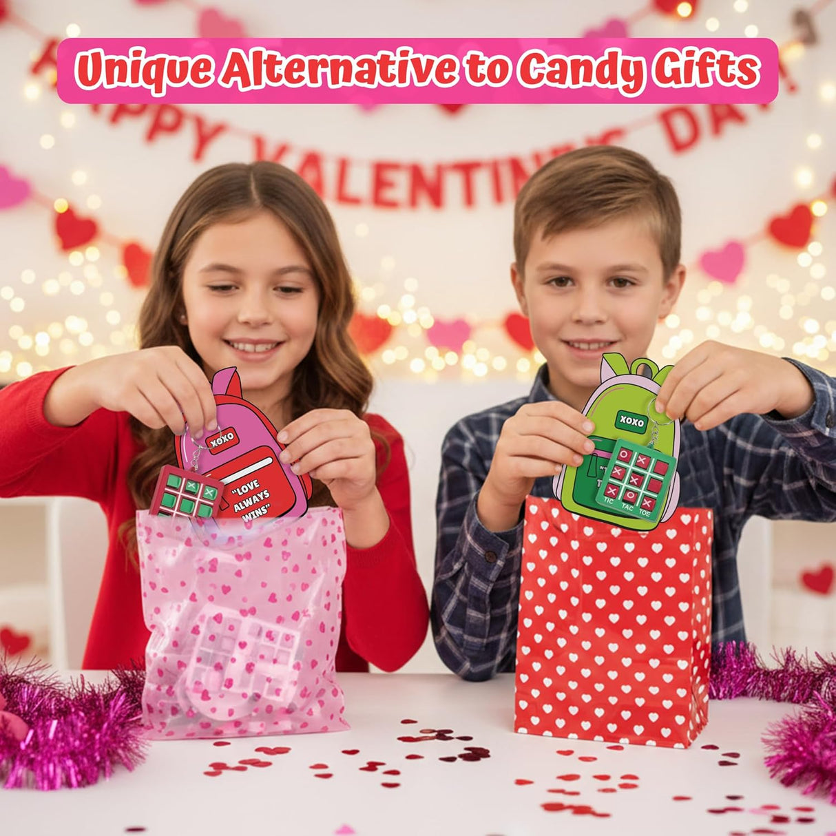 4E's Novelty 24 Pack Classroom Valentine Cards with Tic Tac Toe Keychains
