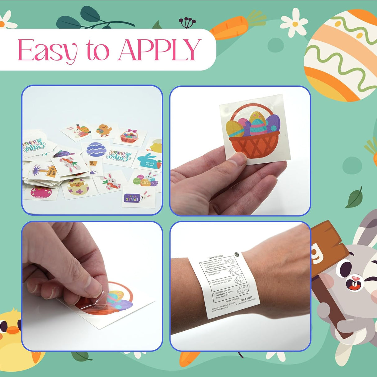 4E's Novelty Easter Temporary Tattoos 144 Pack Pre-Cut – Non-Toxic Easter Basket Stuffers, Egg Fillers, Kids Party Favors, Goodie Bag Stickers