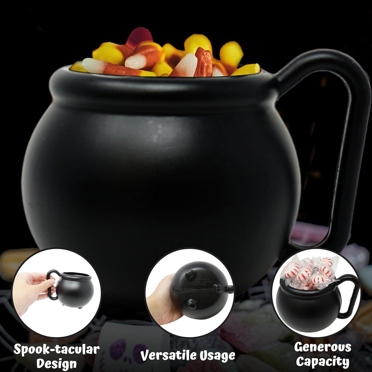 4E's Novelty Set of 12 Black Cauldron Mugs 12 oz, Halloween Cauldron Cups for Drinks Durable BPA-Free Plastic Halloween Mugs, Witch Mug Party Favors