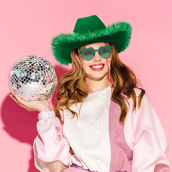4E’s Novelty Green Cowboy Hat with Feathers & Heart-Shaped Sunglasses - Perfect Cowboy Outfit Accessory, Cowboy Hat for Party Costume Dress Up