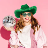 4E’s Novelty Green Cowboy Hat with Feathers & Heart-Shaped Sunglasses - Perfect Cowboy Outfit Accessory, Cowboy Hat for Party Costume Dress Up