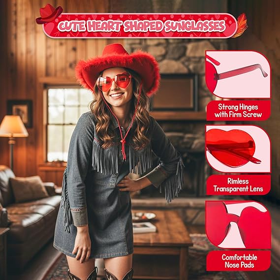 4E's Novelty Cowgirl Hat with Feathers & Heart Sunglasses - Felt, Women's Costume