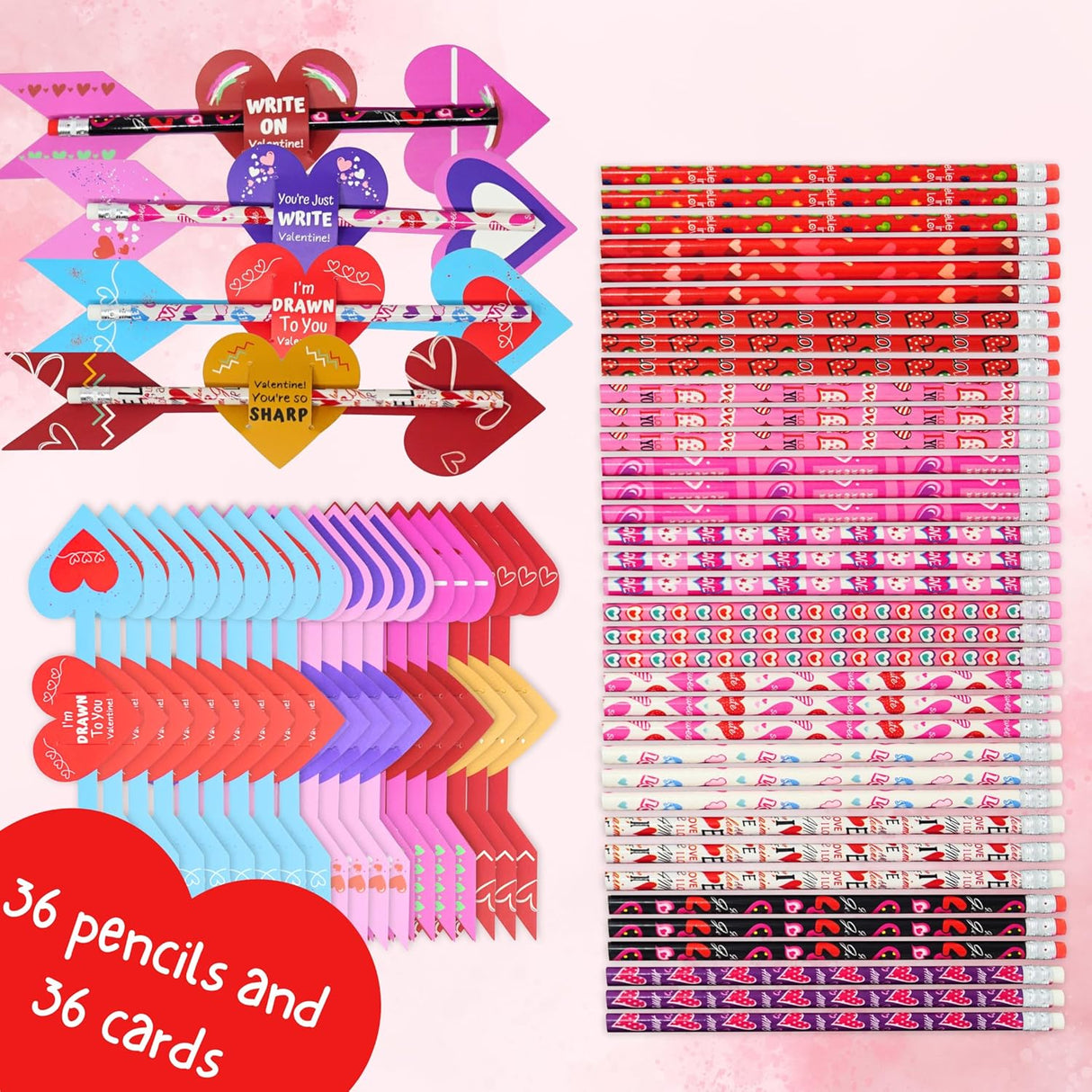 4E's Novelty 36-Pack Valentine Pencil Set – Pencils, Cards & Erasers for Classroom Gifts