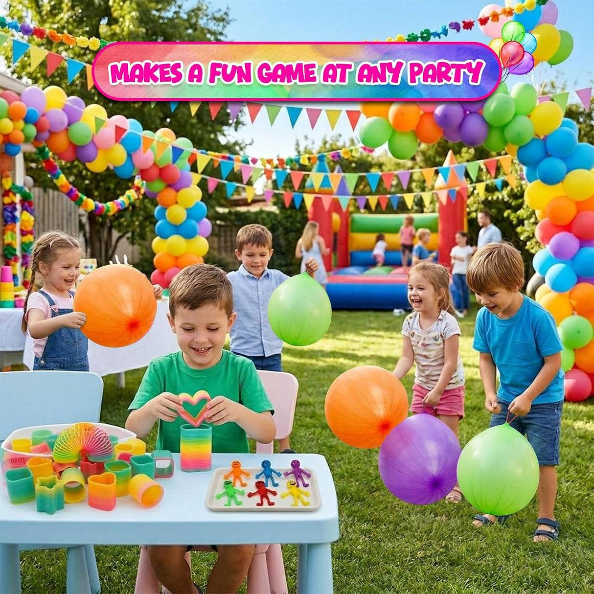 4E’s Novelty 108 Pcs Party Favors for Kids 8-12 – Punch Balloons, Coil Springs, Stretchy Men, Bulk Set