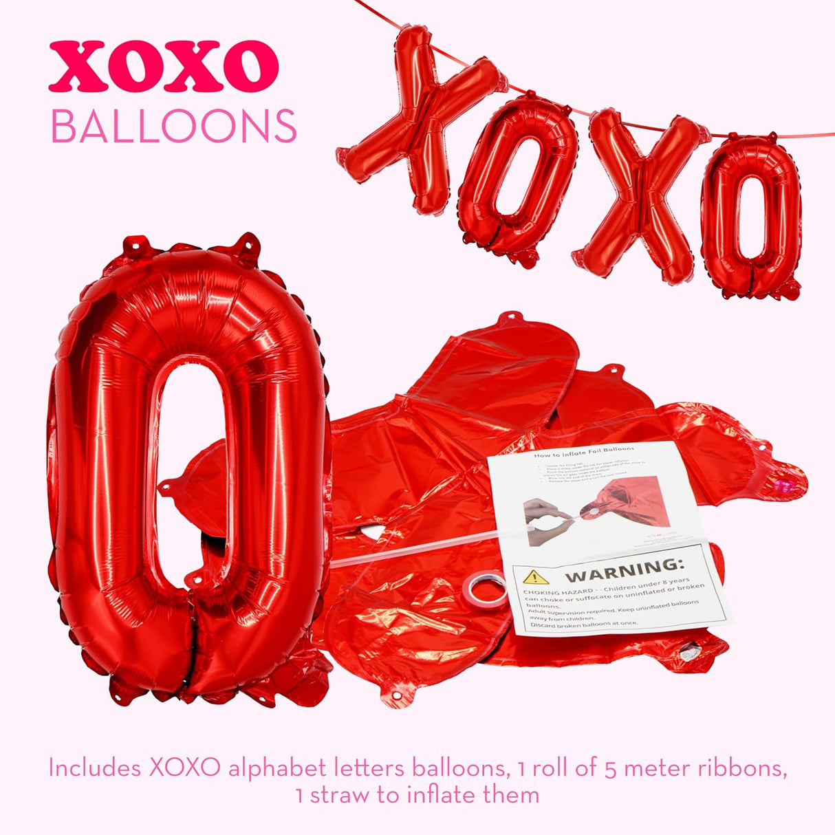 4E's Novelty 16” XOXO Balloons – Red Foil Valentine Party Balloons with Ribbon & Straw Included