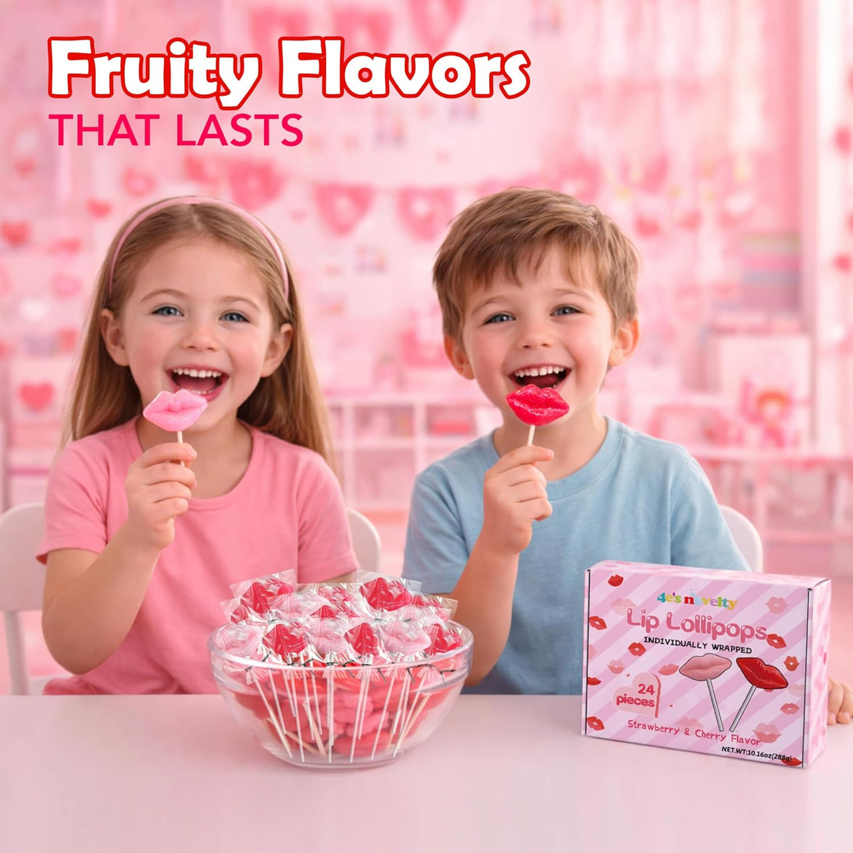 4E's Novelty 24 Pack Lip Lollipops, Individually Wrapped Yummy Lips Lollipop Bulk