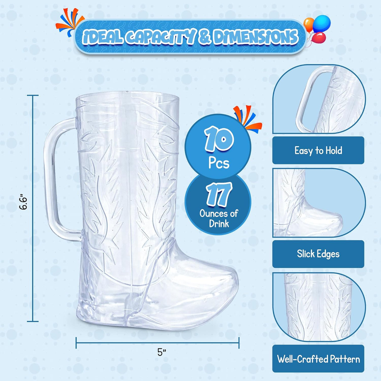 10Pcs Cowboy Boot Mugs 17 oz - Reusable Plastic  Reusable Hard Plastic, BPA Free - for Cowboy Themed Party Supplies, Western Accessories.