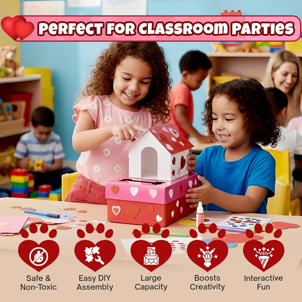 4E's Novelty Valentines Day Box and Cards for Kids (32 Pcs)