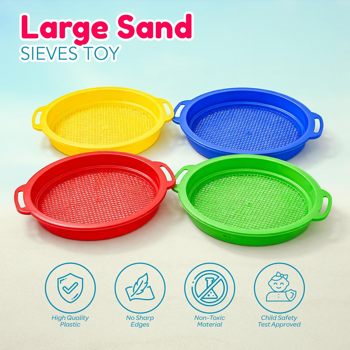 4E's Novelty 4 Pack Sand Sifter – 8.75" Sandbox Toys for Kids, Durable Beach Rock Strainers