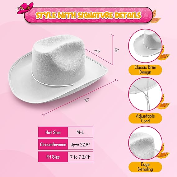 4E's Novelty White Felt Cowboy Hat with Chinstrap – Unisex Western Style for All Occasions