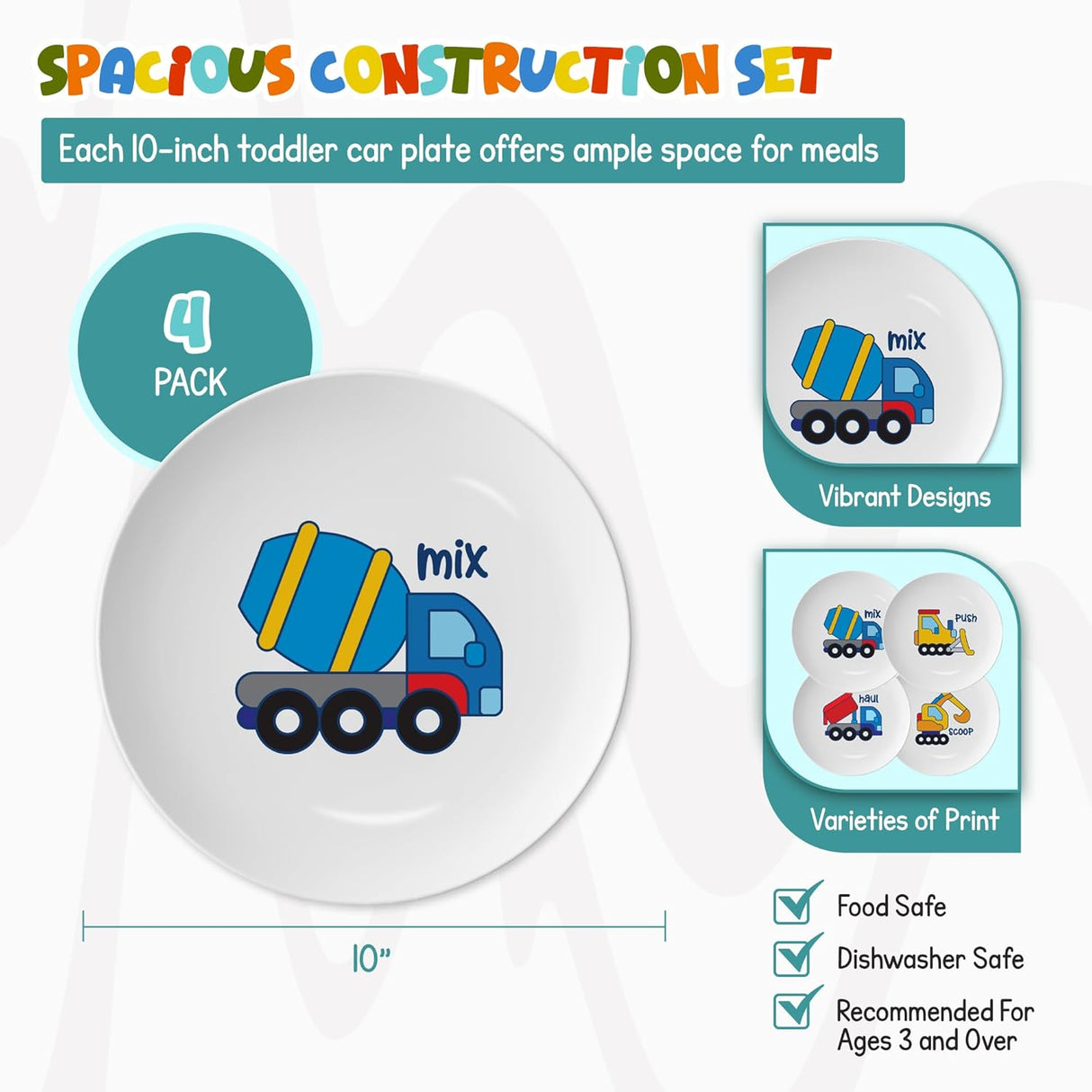 4E's Novelty 4 Melamine Kids Plate Set for Boys, Truck Theme Plate