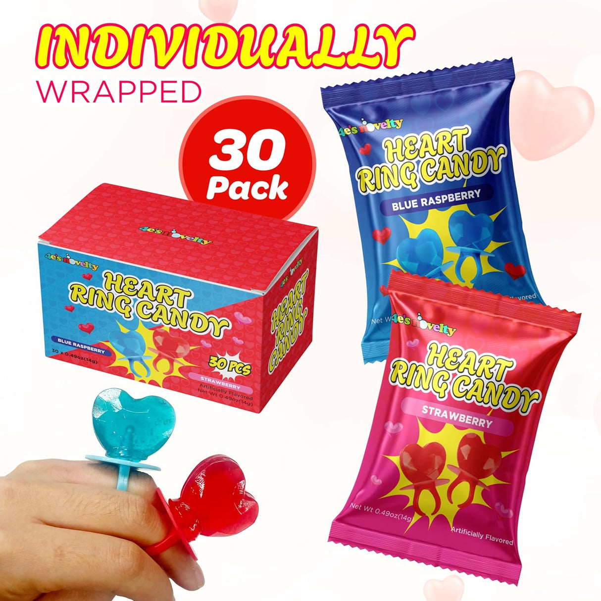 4E's Novelty Blue And Red Valentines Candy Rings Classroom Exchange (30 Ct Bulk)