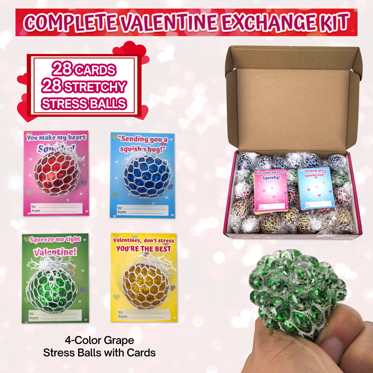 4E's Novelty Valentine Stretch Squeeze Balls with Cards (28 Pack)