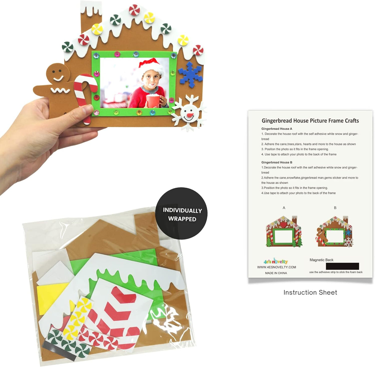 4E's Novelty Foam Gingerbread House Picture Frame Craft (12 Pack) – DIY Self Adhesive Christmas Photo Magnet Craft Kits for Kids Ages 3+ Bulk