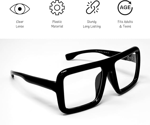 4E's Novelty Black Oversized Glasses - Clear Lens Non-Prescription Fashion Eyewear for Adults & Kids