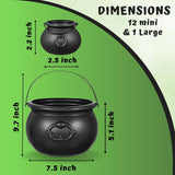 4E's Novelty Black Plastic Cauldrons Bulk - 12 Mini & 1 Large 7.4" Perfect Halloween Black Cauldron