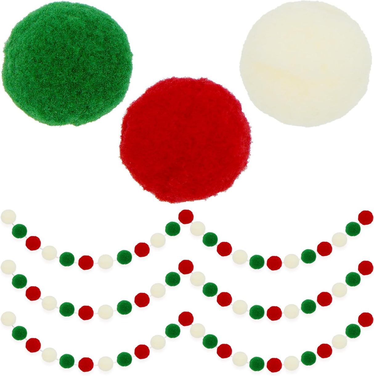 4E's Novelty 3 Pack Christmas Pom Poms Garland, 7ft Each, Red, White, Green Felt Ball Garland for Christmas Tree & Décor
