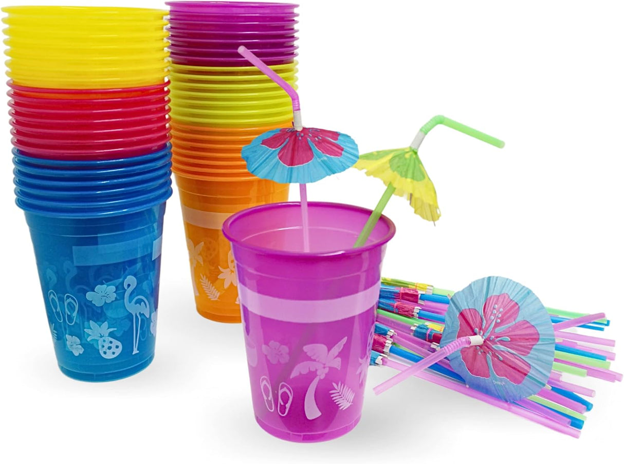 4E's Novelty 48-Pack Tropical Party Cups with Parasol Straws – Vibrant Hawaiian Luau Drinkware Set