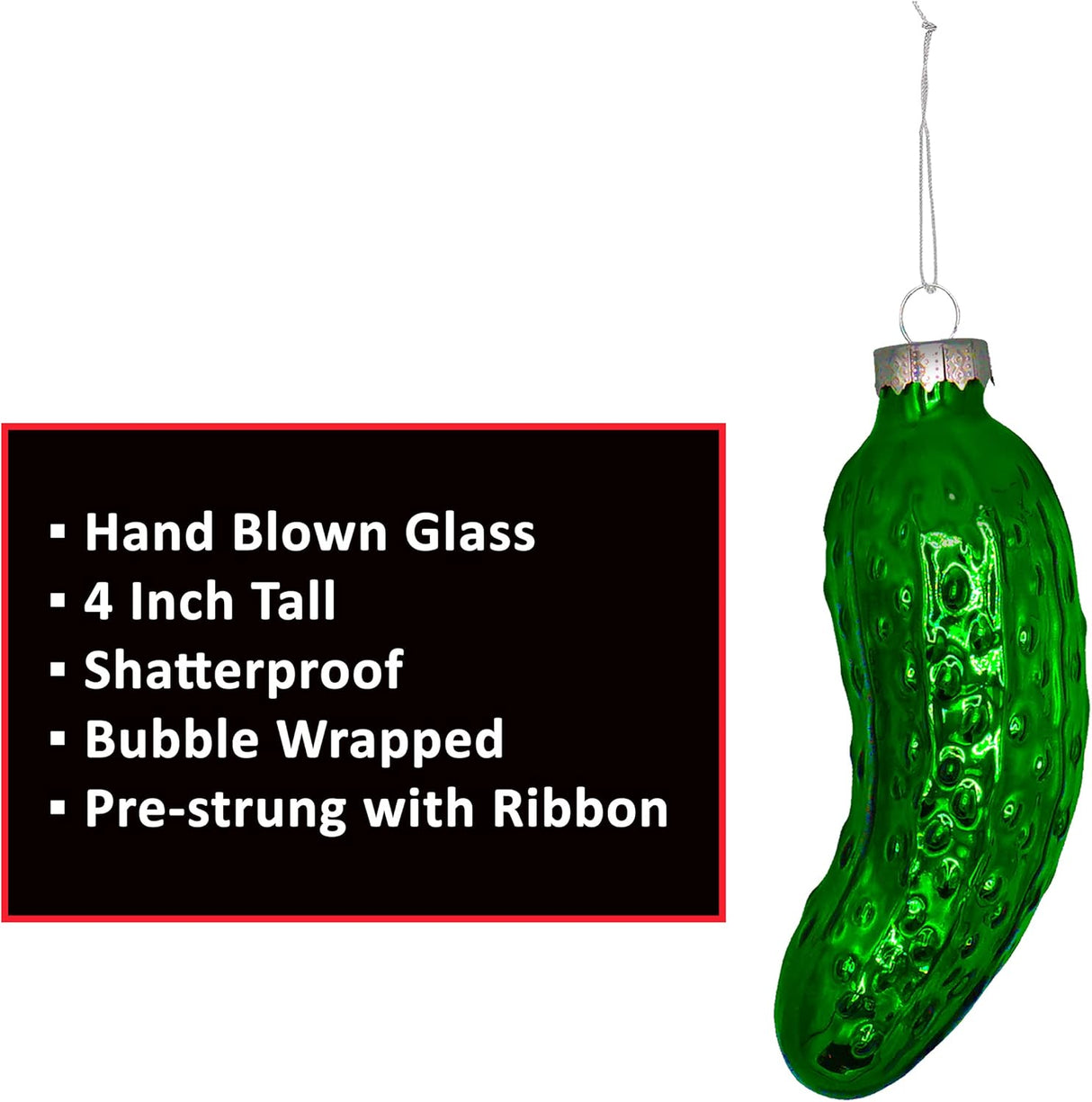 4E's Novelty Blown Glass Pickle Ornament - Christmas Pickle Decoration, 4’’ Pickle Ornaments for Christmas Tree & Pickle Ornament in Metallic Green
