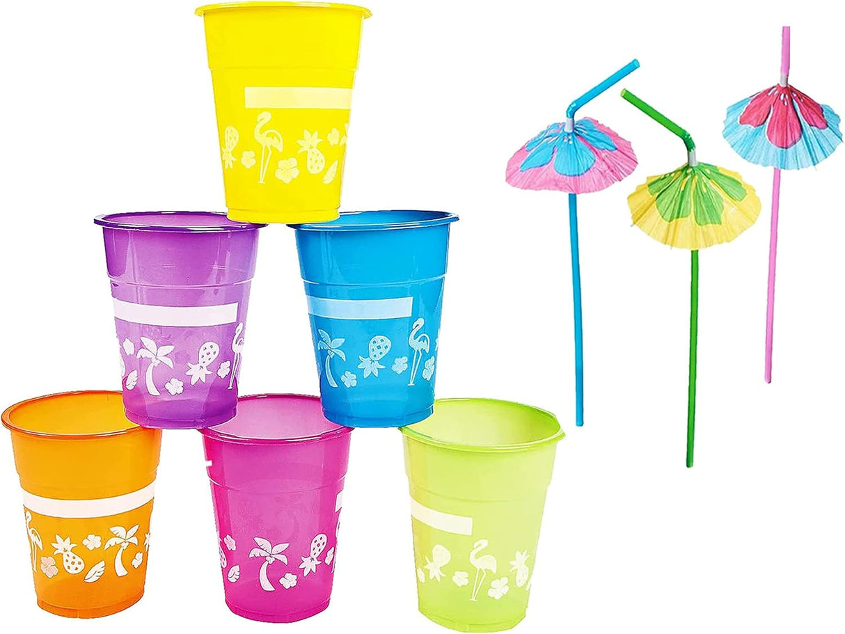4E's Novelty 48-Pack Tropical Party Cups with Parasol Straws – Vibrant Hawaiian Luau Drinkware Set