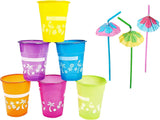 4E's Novelty 48-Pack Tropical Party Cups with Parasol Straws – Vibrant Hawaiian Luau Drinkware Set